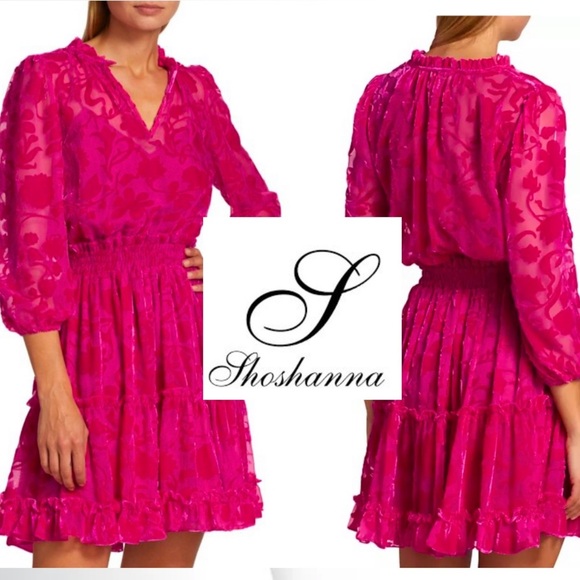 SHOSHANNA,Arlene Tiered Exquisite Velvet Mini-dress In Fuchsia,Fabulous!Size 12 - Picture 9 of 16